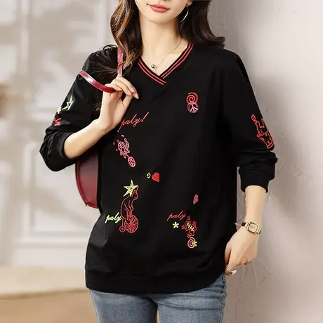 卫衣女春秋薄款大码女装上衣宽松中年妈妈洋气刺绣V领外穿打底衫商品大图