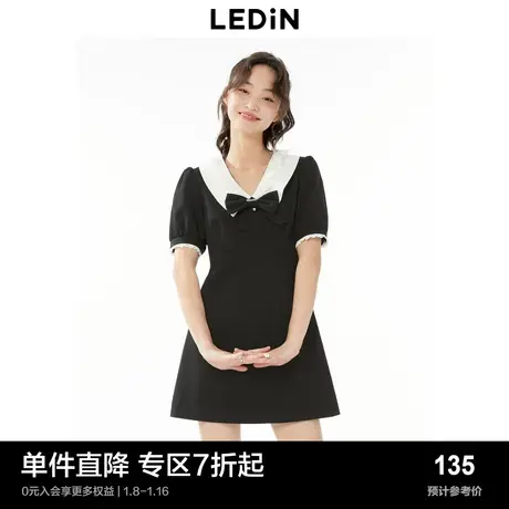 乐町气质翻领连衣裙夏季黑色千金风连衣裙OL黑色短袖裙图片