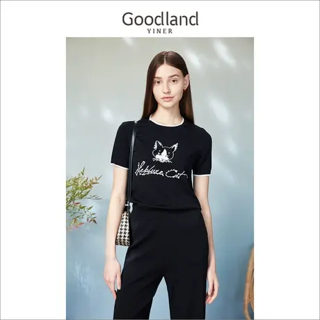 【赫本猫联名】Goodland美地女装2023夏季绣花圆领钉珠针织衫商品大图