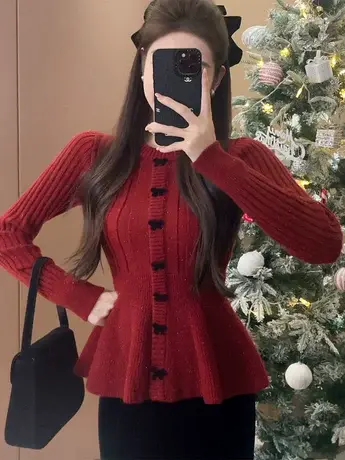 红色蝴蝶结毛衣女早春季2024新款加厚内搭针织打底衫别致绝美上衣商品大图