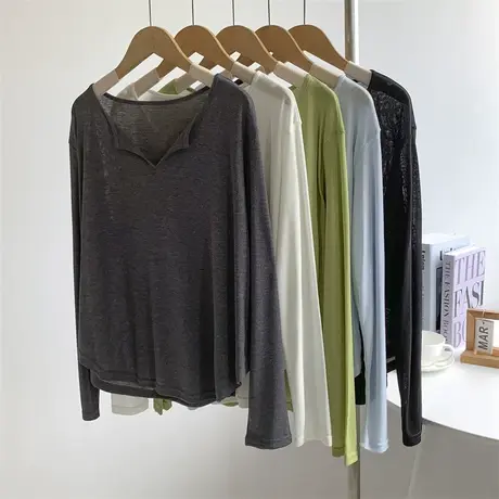 V领长袖防晒衣女慵懒风舞蹈服瑜伽宽松休闲练功服上衣透视罩衫女图片