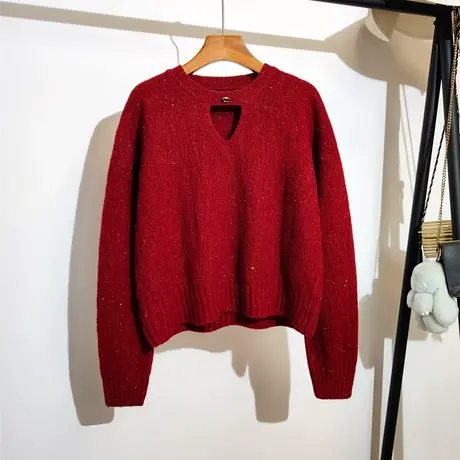 红色毛衣女宽松套头秋冬新款宽松圆领百搭闪光亮丝打底针织衫上衣商品大图