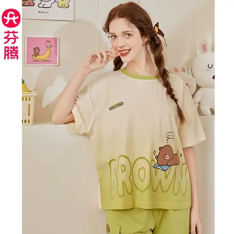 芬腾布朗熊睡衣女纯棉夏季短袖短裤圆领薄款卡通可外穿家居服套装商品大图