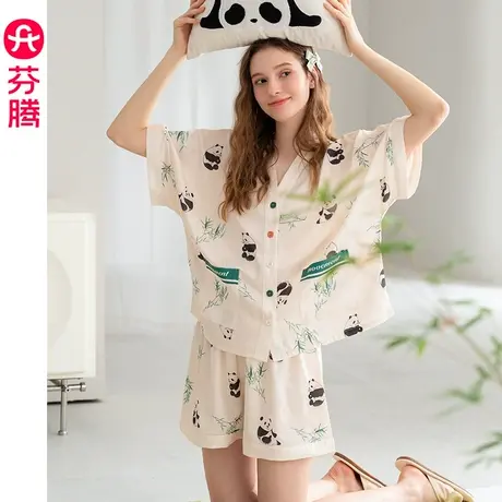 芬腾女士夏季冰雪丝短袖短裤可爱熊猫睡衣套装凉感仿真丝绸家居服图片