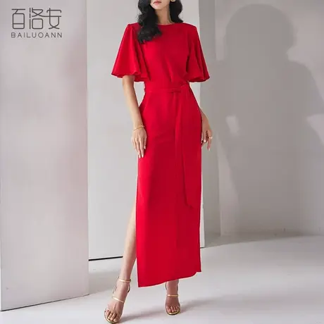 百洛安时髦飞飞袖连衣裙女夏季新款气质优雅侧开叉系带收腰中长裙商品大图