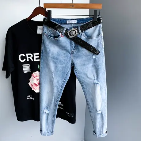 夏季新款日系复古破洞牛仔裤男潮牌男士休闲韩版潮流修身小脚九分商品大图