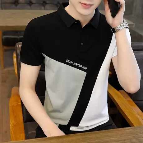 短袖POLO衫男夏装拼接T恤休闲上衣帅气男装夏季翻领打底衫潮汗衫商品大图