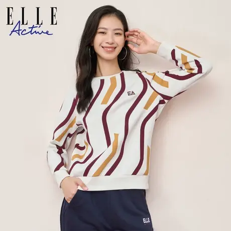 【直播甄选】ELLE Active春款运动圆领卫衣女设计感条纹长袖上衣图片