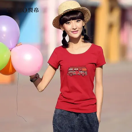 裂帛趣味刺绣圆领修身短袖T恤女简约舒适休闲设计感大码半袖上衣商品大图