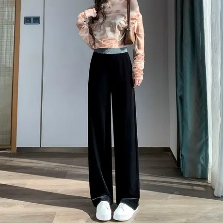 金丝绒窄版阔腿裤女春秋新款高腰显瘦宽松休闲垂坠感直筒拖地裤子商品大图