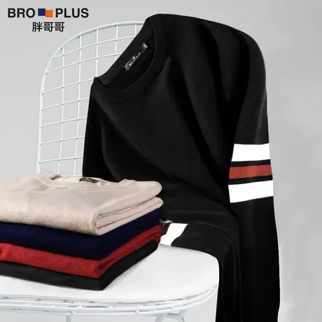 胖哥哥加肥加大秋季新款男简约毛衫袖圈条纹休闲百搭圆领套头毛衣商品大图