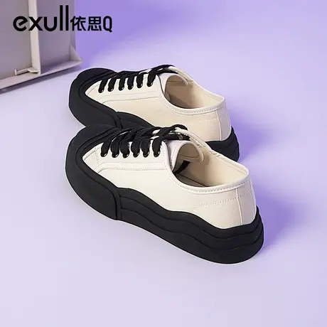 依思q开口笑丑萌大头帆布鞋春季女2024新款交叉绑带厚底小白鞋女图片