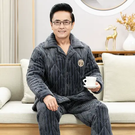 婷美秋冬季睡衣男款珊瑚绒中老年爸爸保暖三层夹棉加厚加绒家居服商品大图