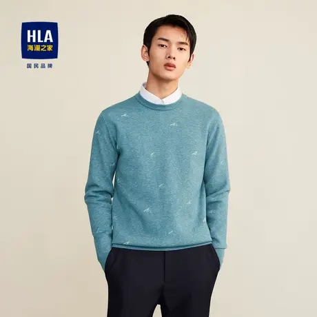 HLA/海澜之家经典圆领长袖针织衫柔软保暖简约几何花纹净色毛衣男图片