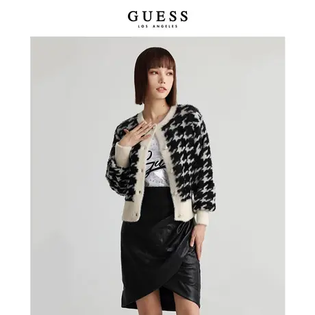 GUESS秋季女士时尚简约通勤千鸟格开衫针织毛衣外套-YM4S2672商品大图