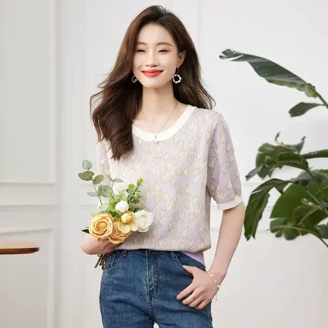 时尚气质圆领短袖针织衫2023年夏季新款淑女温柔百搭显瘦通勤上衣商品大图