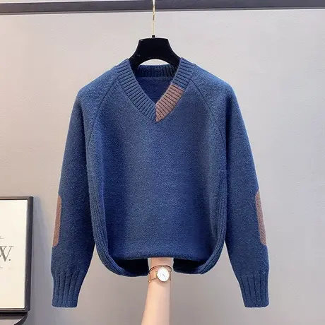 2023春季新款韩版V领毛衣女拼色套头宽松针织衫女长袖上衣内搭潮图片
