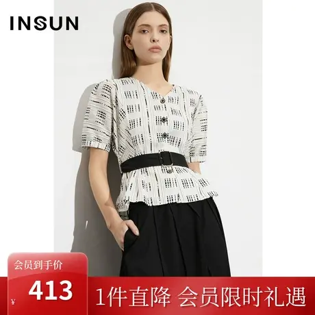 恩裳COVER2023夏季新款简约时尚色织格纹提花桑蚕丝天丝混纺上衣图片