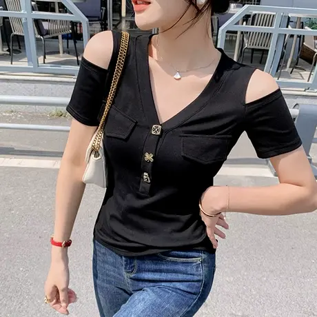 性感露肩T恤女短袖欧货网红个性V领上衣修身显瘦洋气小衫夏装半袖商品大图