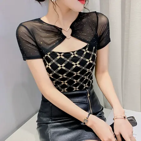 时尚网纱拼接短袖T恤女2023夏新款性感镂空小衫洋气别致印花上衣商品大图