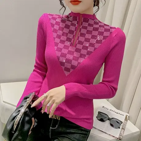 欧货半高领针织衫女秋冬洋气烫钻毛衣套头长袖网纱拼接修身打底衫商品大图