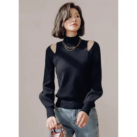 弥古黑色露肩打底毛衣女设计感秋冬半高领内搭针织衫修身挖肩上衣商品大图
