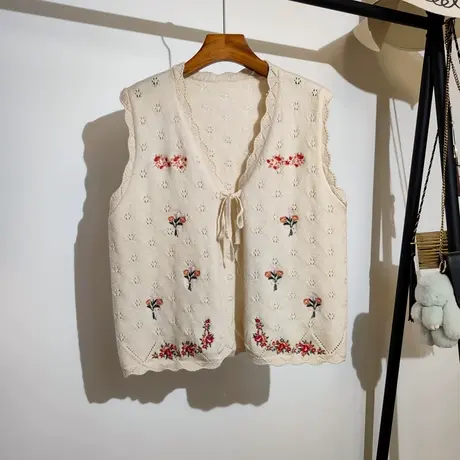 系带针织马甲女秋冬新款宽松v领刺绣花朵无袖毛衣背心外套学院风商品大图