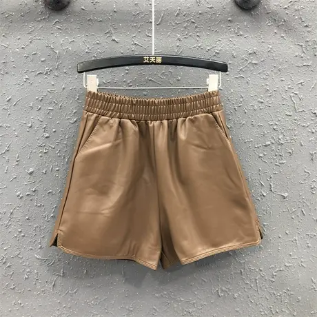 咖啡色短裤女2023秋季新款韩版简约休闲松紧腰显瘦宽松阔腿裤皮裤图片