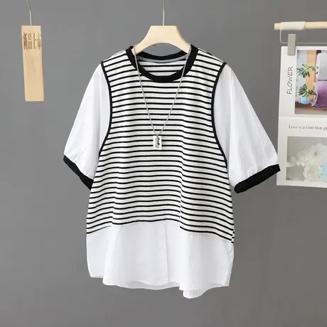 条纹拼接假两件上衣女短袖2023夏季新款纯棉套头小衫白色衬衫宽松图片