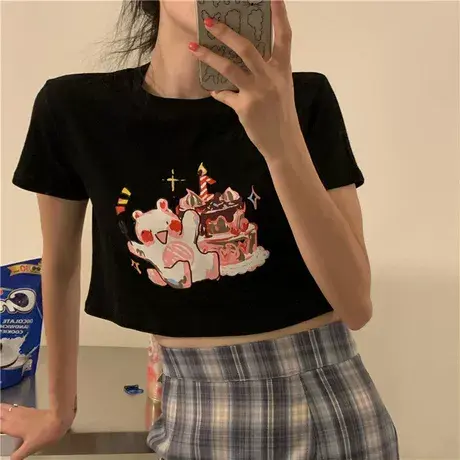 配高腰裤的短款上衣女2023短袖T恤Ins潮夏季漏肚脐百搭新款露脐T商品大图