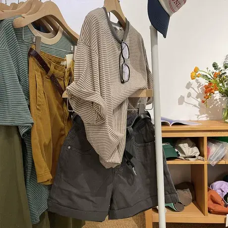 条纹控超舒适纸片人撞色包边领宽松显瘦百搭圆领套头短袖t恤女商品大图