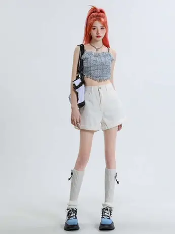 百搭宽松学院风翻边牛仔裤女2023年夏季新款阔脚短裤修身休闲热裤商品大图