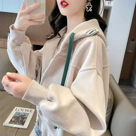 早秋短款外套女春秋季韩版宽松薄款设计感小众小个子连帽卫衣开衫图片