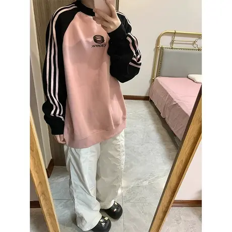 超火三条杠圆领卫衣女春秋薄款美式复古宽松慵懒风chic上衣小个子商品大图