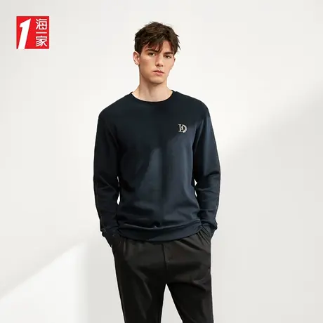 海一家基础打底套头衫2023秋季新款时尚绣花圆领舒适男士长袖T恤商品大图