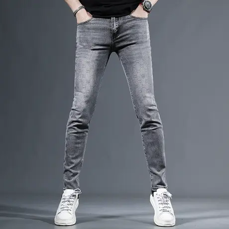 香港高端牛仔裤男款夏季薄款修身小脚烟灰色潮牌弹力休闲男士裤子图片