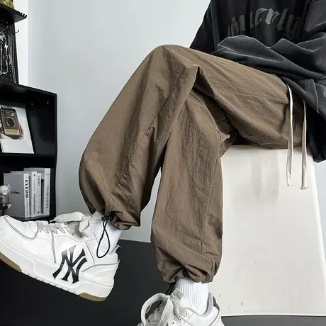 藏黑色速干工装伞兵裤男夏季高街vibe直筒阔腿裤那不勒斯休闲长裤商品大图