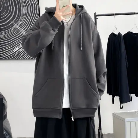 外套男士春秋季潮牌开衫连帽卫衣2023新款宽松纯色休闲夹克早春装商品大图