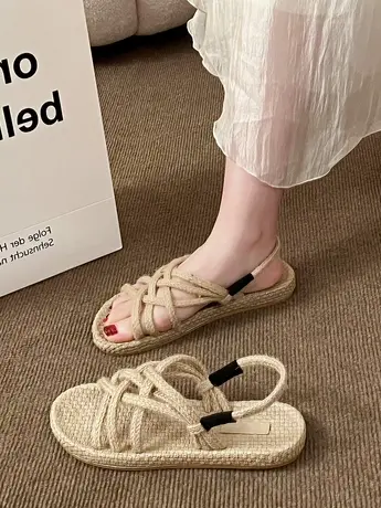 草编麻绳凉鞋女学生百搭2023年新款夏季ins潮平底仙女风罗马编织商品大图