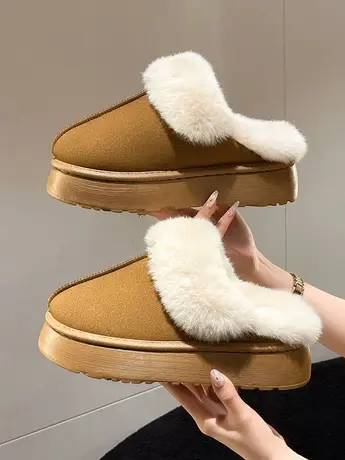 网红厚底毛毛雪地靴拖鞋女秋冬外穿一脚蹬懒人包头半拖加绒棉拖鞋商品大图