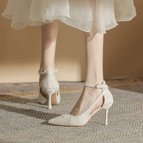 法式一字带高跟鞋女2023年夏季新款性感中空细跟名媛气质包头凉鞋图片