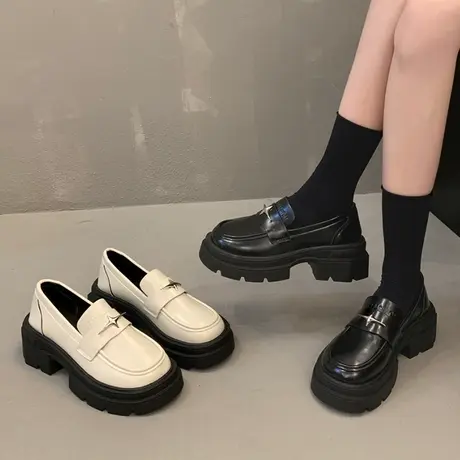 黑色小皮鞋女2023年秋季新款百搭复古圆头厚底粗跟英伦风乐福鞋商品大图