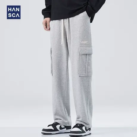 hansca灰色卫裤男春季新款美式潮牌大口袋长裤宽松直筒休闲裤子男图片