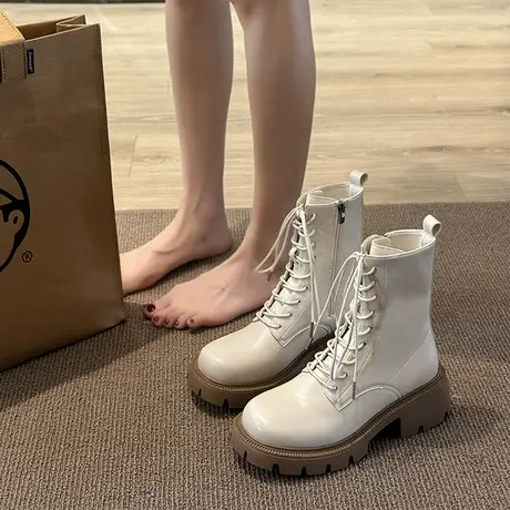 白色靴子女马丁靴2023新款秋季英伦风复古百搭小个子厚底显瘦短靴图片