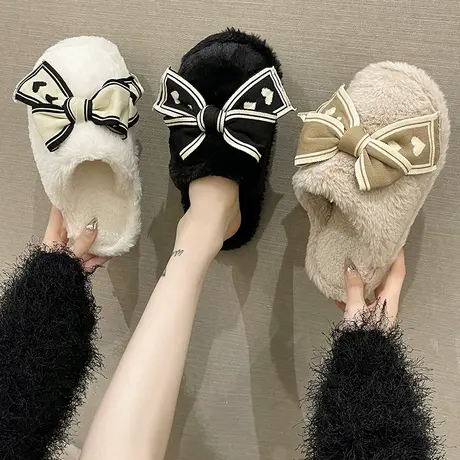 棉拖鞋女士冬天可爱蝴蝶结室内家居保暖防滑卡通毛毛绒拖鞋秋冬季商品大图