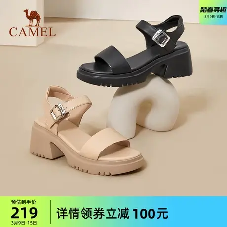 骆驼女鞋2024年夏季新款真皮一字带凉鞋女时尚高跟露趾时装凉鞋女图片