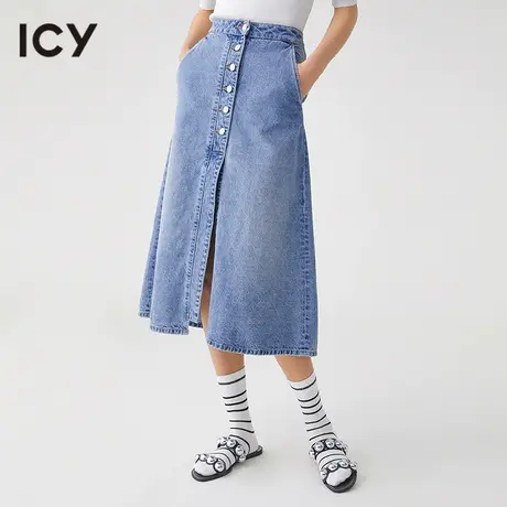 icy春季街头风高腰纽扣前开衩中长款A字半身牛仔裙中长裙图片