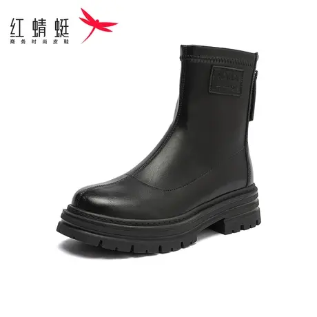 红蜻蜓2023年秋冬季新款时尚黑色中跟短靴女圆头拉链保暖加绒高帮图片