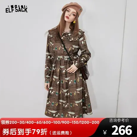 妖精的口袋复古印花娃娃领连衣裙女2022秋冬新款长袖内搭收腰裙子商品大图
