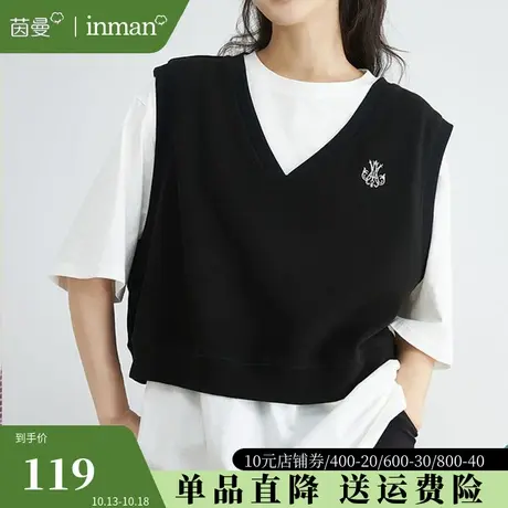 茵曼纯棉假两件针织上衣2023秋季新款时尚潮流T恤套头马甲两件套图片